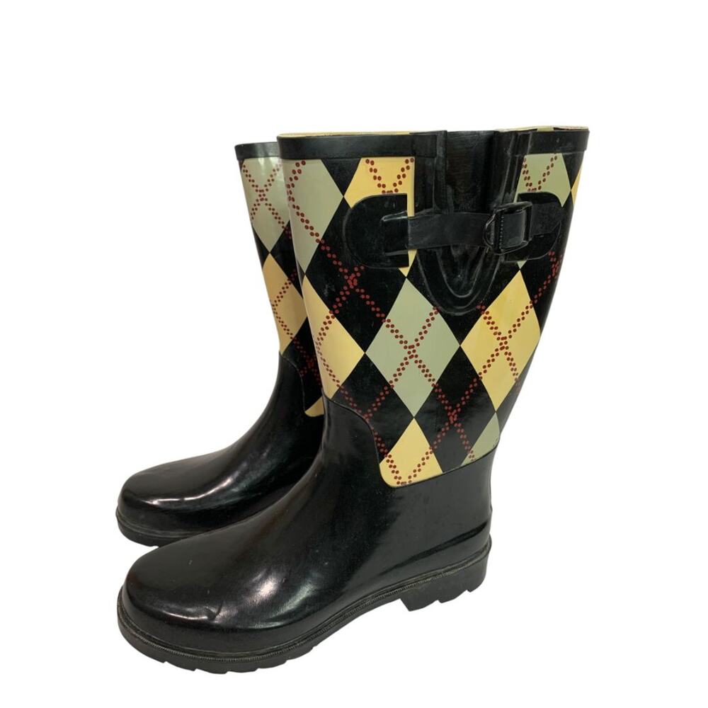 Size 7.5 Rasolli Womens Argyle Rain Boots Pull On Black
